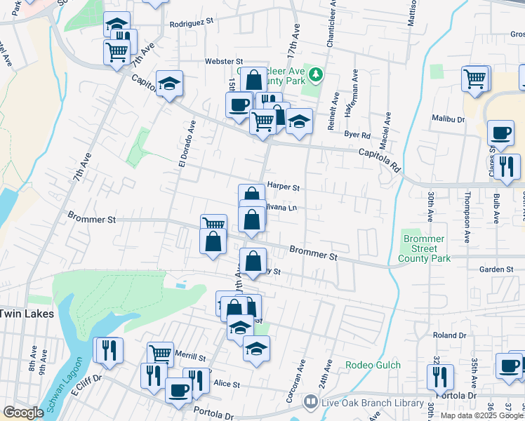 map of restaurants, bars, coffee shops, grocery stores, and more near 1826 Hector Lane in Santa Cruz