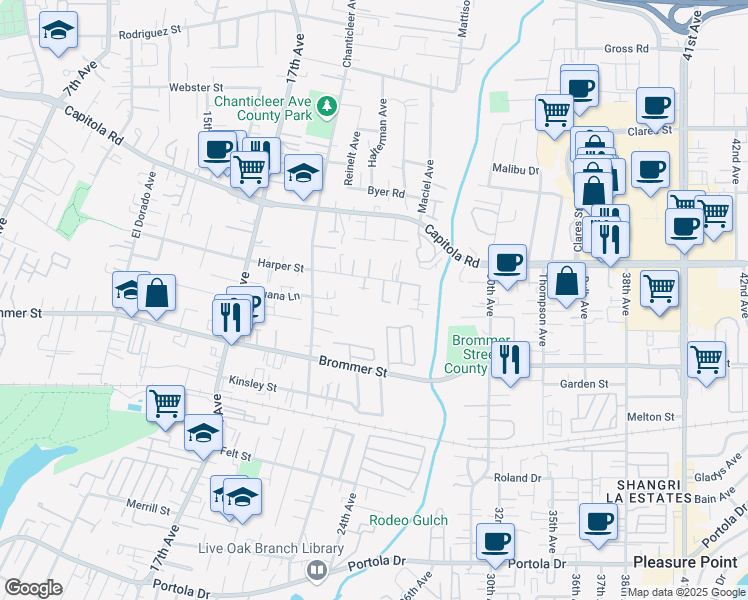map of restaurants, bars, coffee shops, grocery stores, and more near 2378 Harper Street in Santa Cruz