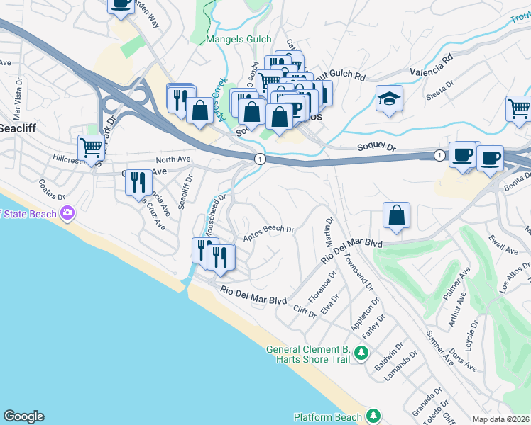 map of restaurants, bars, coffee shops, grocery stores, and more near 210 Spreckels Drive in Aptos