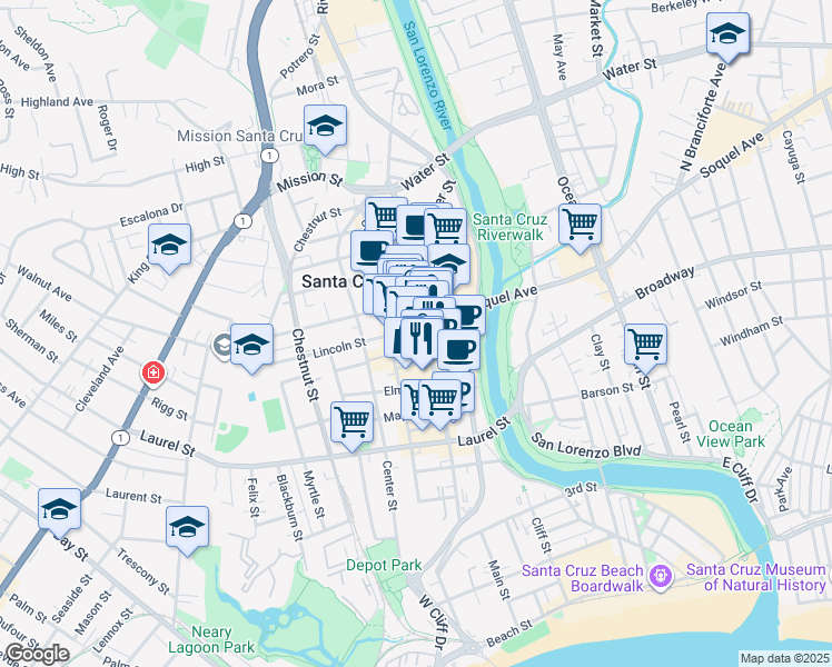 map of restaurants, bars, coffee shops, grocery stores, and more near 233 Cathcart Street in Santa Cruz