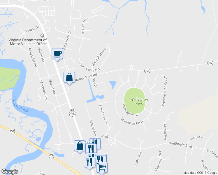 map of restaurants, bars, coffee shops, grocery stores, and more near 410 Ginger Loop in Smithfield