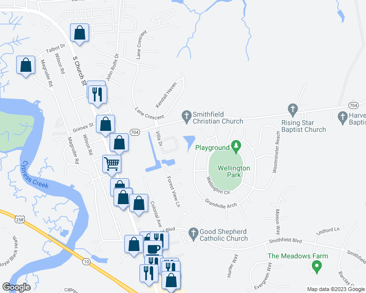 map of restaurants, bars, coffee shops, grocery stores, and more near 410 Ginger Loop in Smithfield