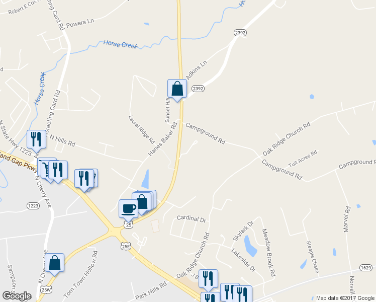 map of restaurants, bars, coffee shops, grocery stores, and more near Hutton Lane in Corbin