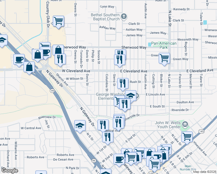 map of restaurants, bars, coffee shops, grocery stores, and more near 917 Columbia Street in Madera