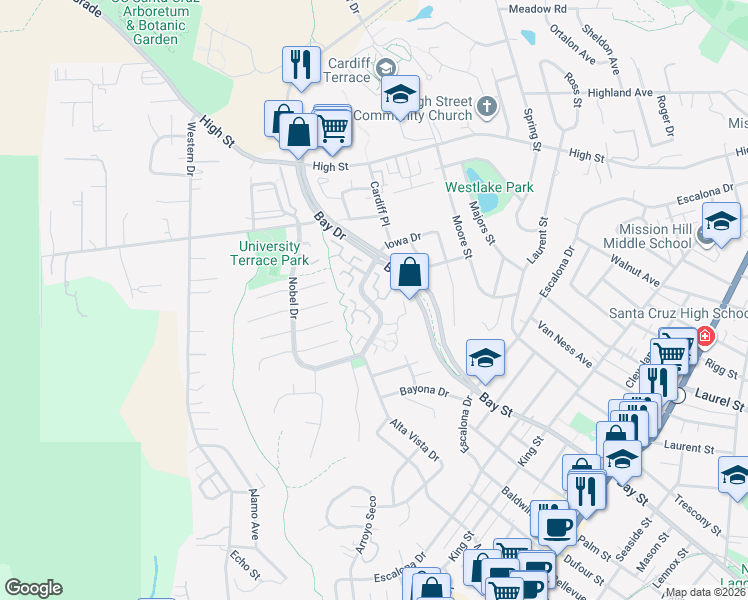 map of restaurants, bars, coffee shops, grocery stores, and more near 105 Castillion Terrace in Santa Cruz