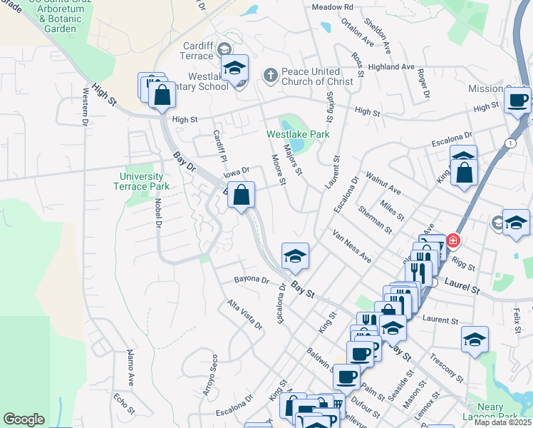 map of restaurants, bars, coffee shops, grocery stores, and more near 155 Archer Drive in Santa Cruz