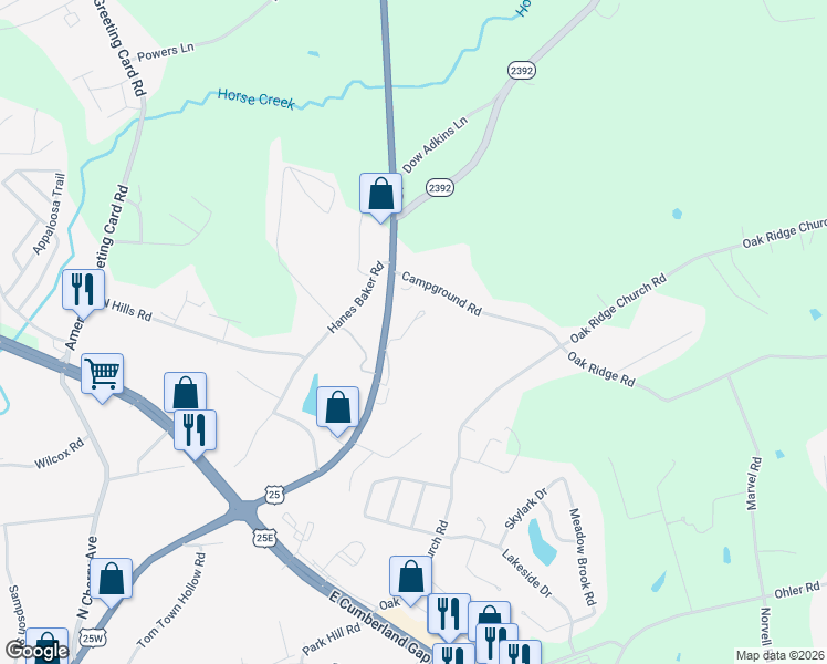 map of restaurants, bars, coffee shops, grocery stores, and more near 41 Hutton Lane in Corbin