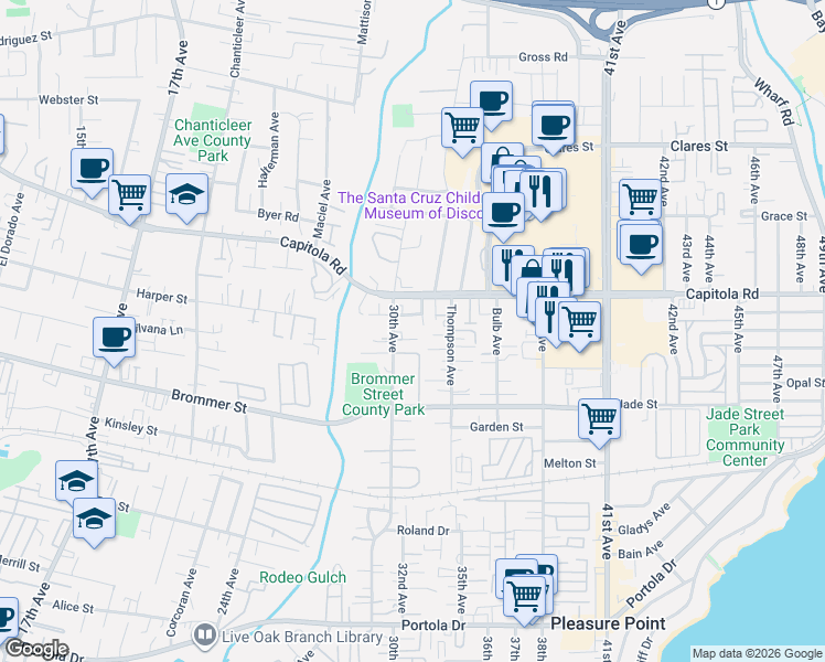map of restaurants, bars, coffee shops, grocery stores, and more near 3054 Elda Lane in Santa Cruz