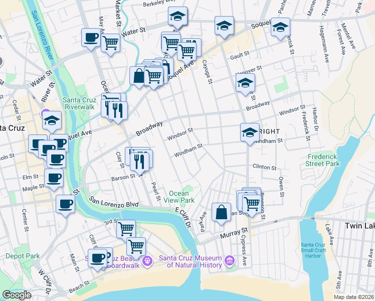 map of restaurants, bars, coffee shops, grocery stores, and more near 238 South Branciforte Avenue in Santa Cruz