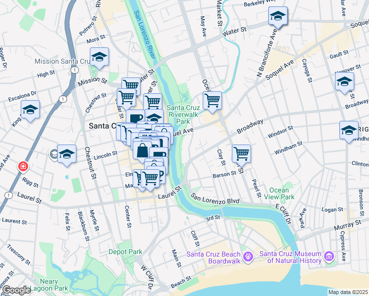 map of restaurants, bars, coffee shops, grocery stores, and more near 809 Riverside Avenue in Santa Cruz