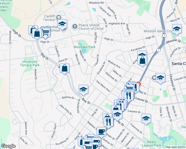 map of restaurants, bars, coffee shops, grocery stores, and more near 902 Laurent Street in Santa Cruz