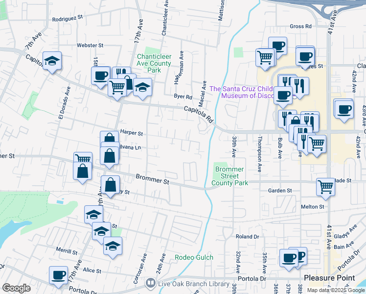 map of restaurants, bars, coffee shops, grocery stores, and more near 1473 Pami Lane in Santa Cruz