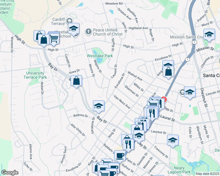 map of restaurants, bars, coffee shops, grocery stores, and more near 902 Laurent Street in Santa Cruz