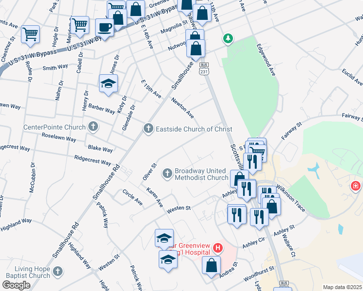 map of restaurants, bars, coffee shops, grocery stores, and more near 1305 Oliver Street in Bowling Green