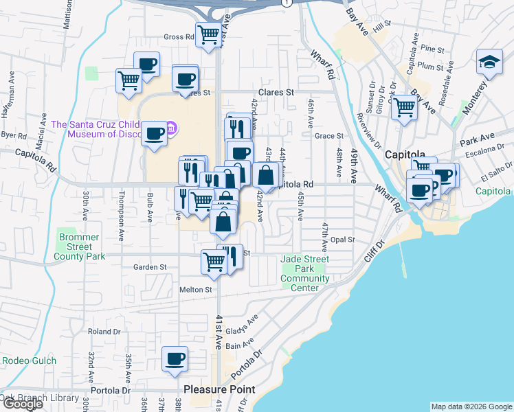 map of restaurants, bars, coffee shops, grocery stores, and more near 1505 42nd Avenue in Capitola