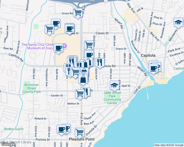 map of restaurants, bars, coffee shops, grocery stores, and more near 1505 42nd Avenue in Capitola