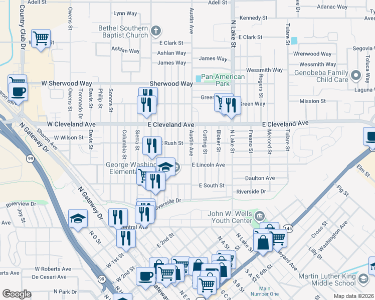 map of restaurants, bars, coffee shops, grocery stores, and more near 906 Austin Street in Madera