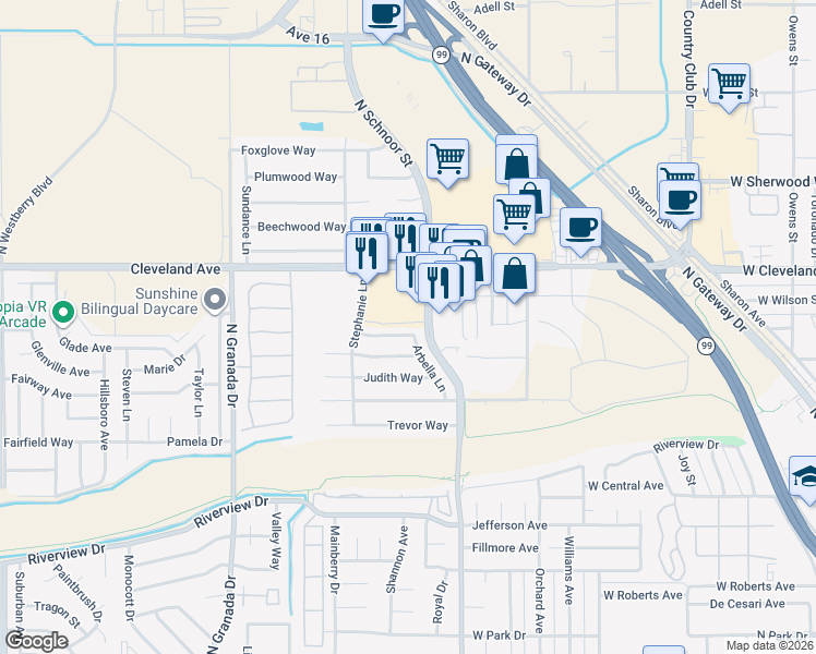 map of restaurants, bars, coffee shops, grocery stores, and more near 2329 Frederick Way in Madera