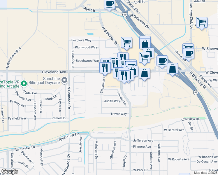 map of restaurants, bars, coffee shops, grocery stores, and more near 2387 Frederick Way in Madera