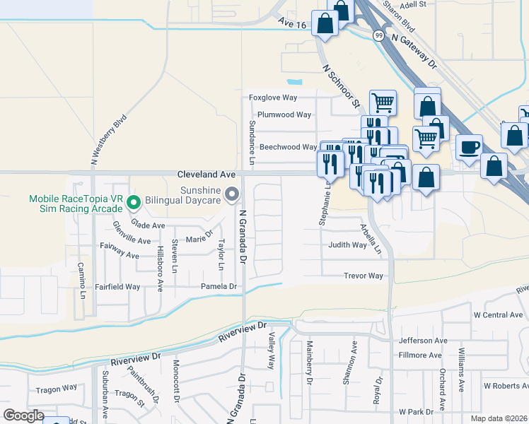 map of restaurants, bars, coffee shops, grocery stores, and more near 123 North Way in Madera