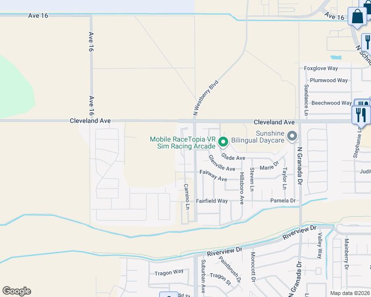 map of restaurants, bars, coffee shops, grocery stores, and more near 1601 Camino Lane in Madera