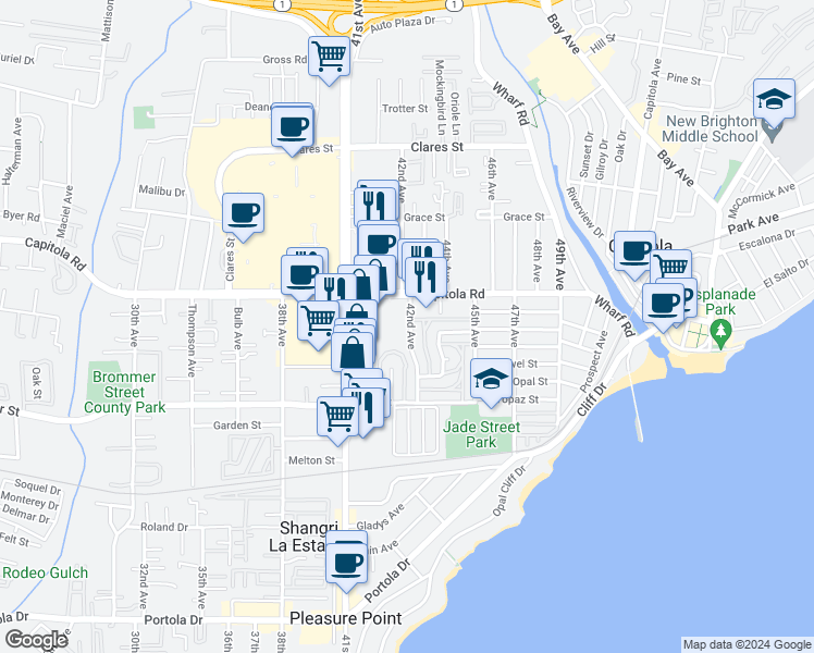 map of restaurants, bars, coffee shops, grocery stores, and more near 1470 42nd Avenue in Capitola