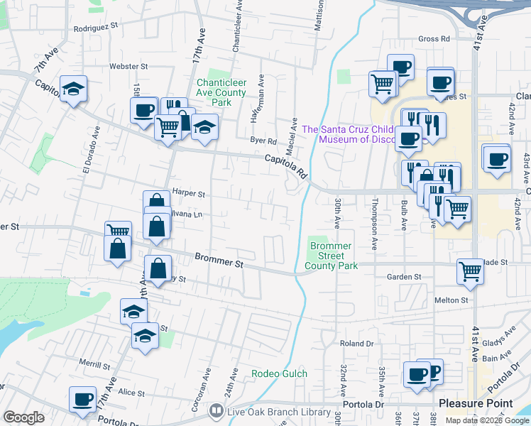 map of restaurants, bars, coffee shops, grocery stores, and more near 1471 Creekview Lane in Santa Cruz