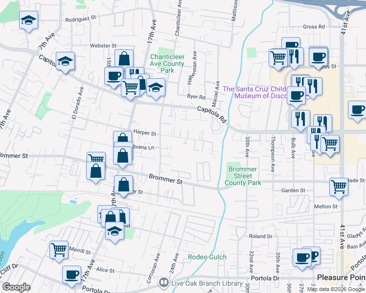 map of restaurants, bars, coffee shops, grocery stores, and more near 2378 Harper Street in Santa Cruz