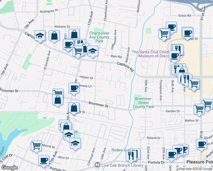 map of restaurants, bars, coffee shops, grocery stores, and more near 2378 Harper Street in Santa Cruz