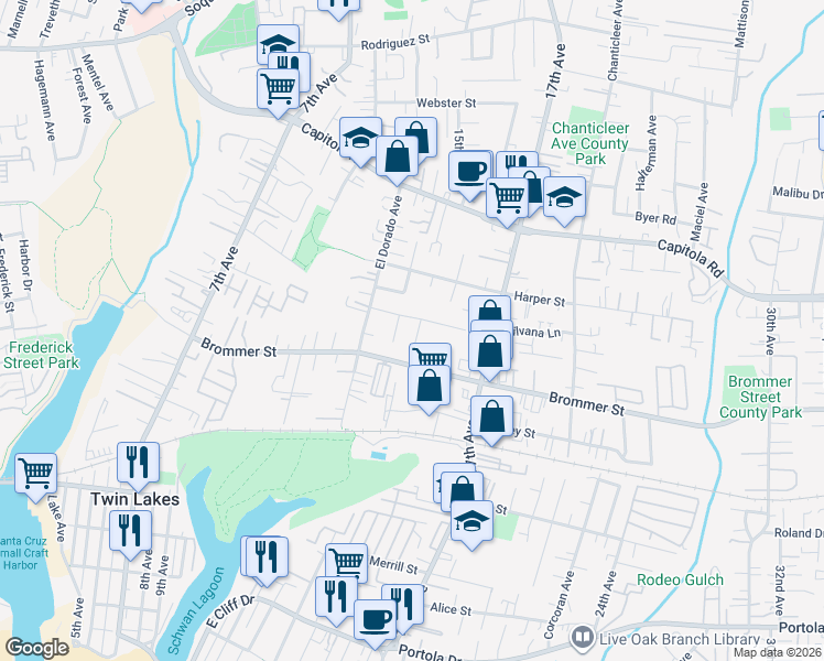 map of restaurants, bars, coffee shops, grocery stores, and more near 1335 Brommer Street in Santa Cruz