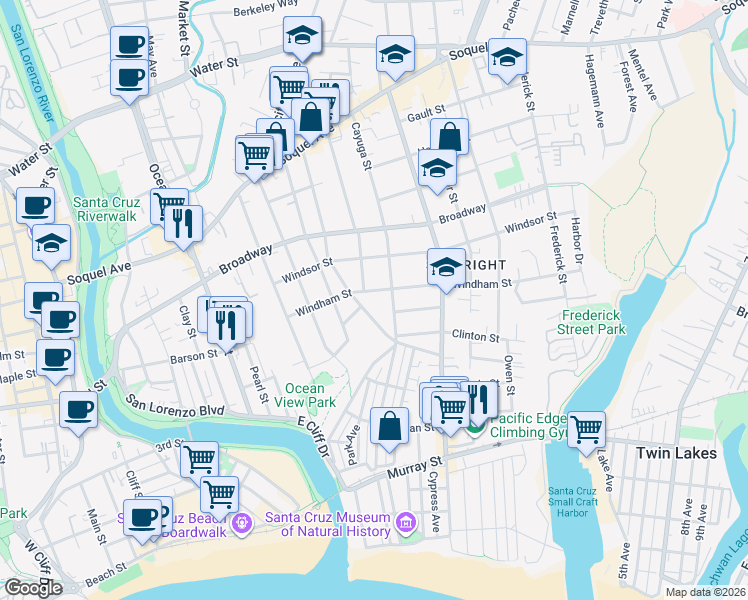 map of restaurants, bars, coffee shops, grocery stores, and more near 118 Pleasant Street in Santa Cruz