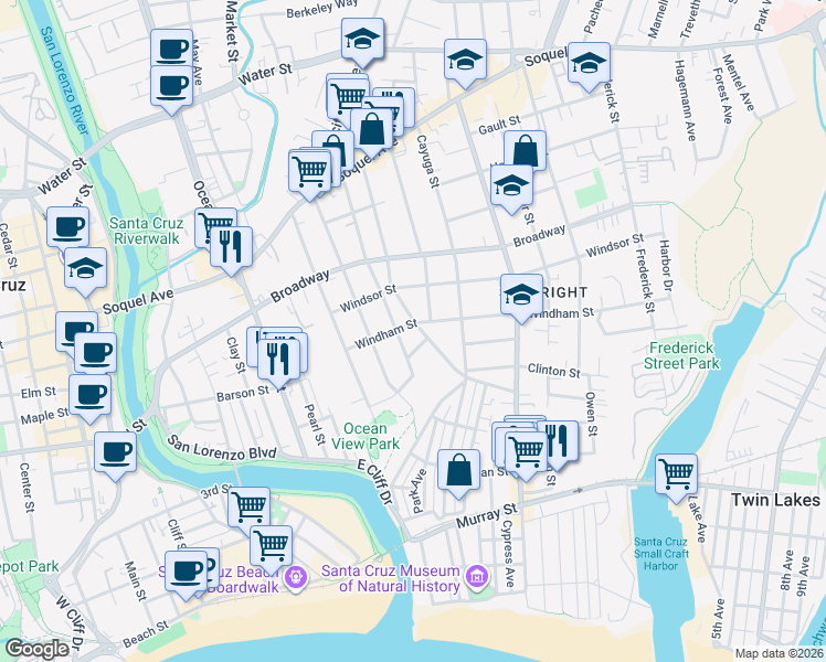 map of restaurants, bars, coffee shops, grocery stores, and more near 118 Pleasant Street in Santa Cruz