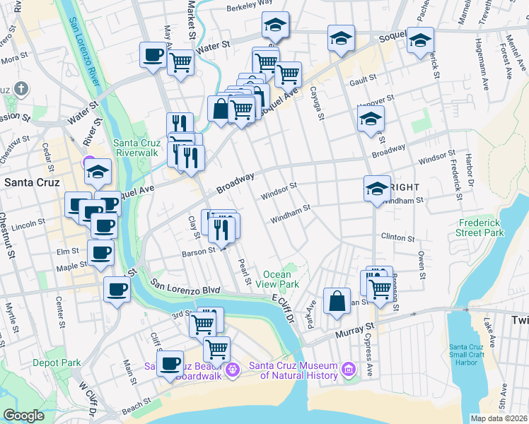 map of restaurants, bars, coffee shops, grocery stores, and more near 250 Ocean View Avenue in Santa Cruz
