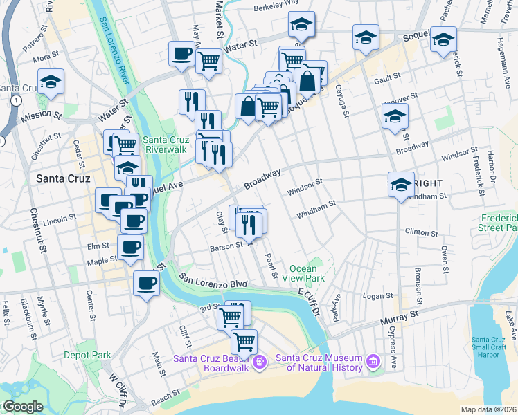 map of restaurants, bars, coffee shops, grocery stores, and more near 315 Ocean View Avenue in Santa Cruz