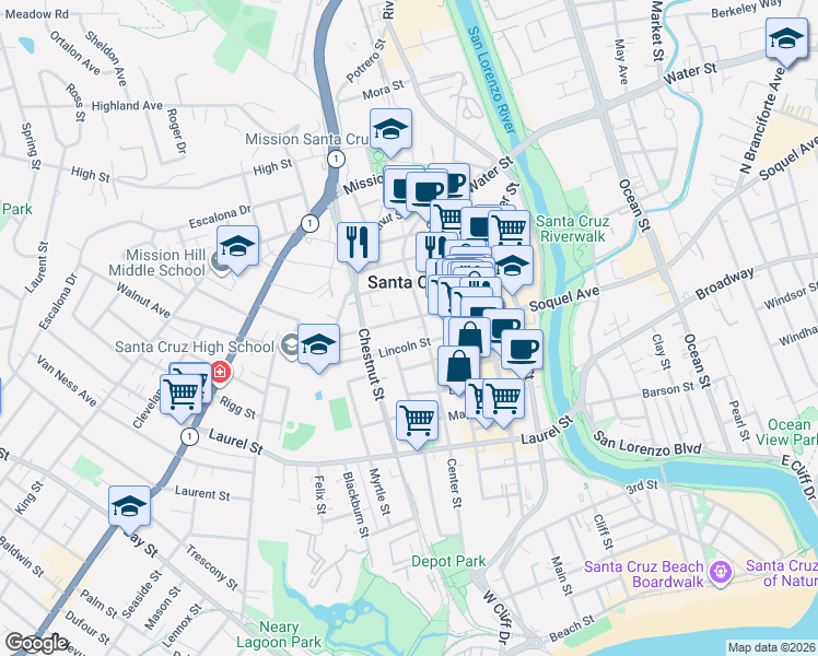 map of restaurants, bars, coffee shops, grocery stores, and more near 402 Lincoln Street in Santa Cruz