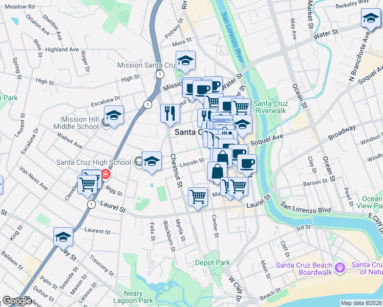 map of restaurants, bars, coffee shops, grocery stores, and more near 402 Lincoln Street in Santa Cruz