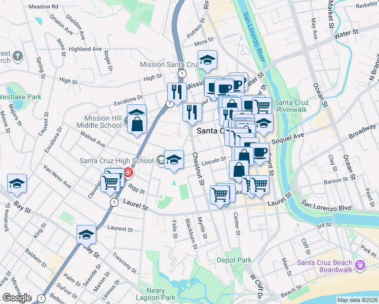 map of restaurants, bars, coffee shops, grocery stores, and more near 510 Lincoln Street in Santa Cruz
