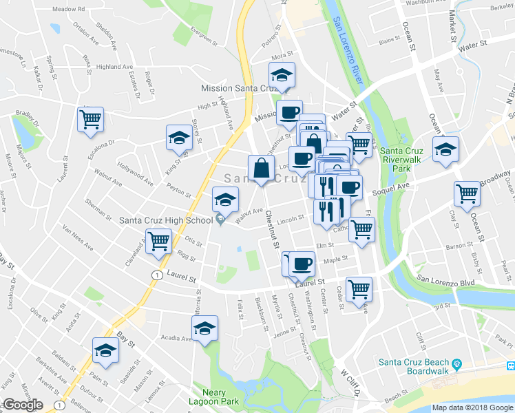map of restaurants, bars, coffee shops, grocery stores, and more near 512 Lincoln Street in Santa Cruz