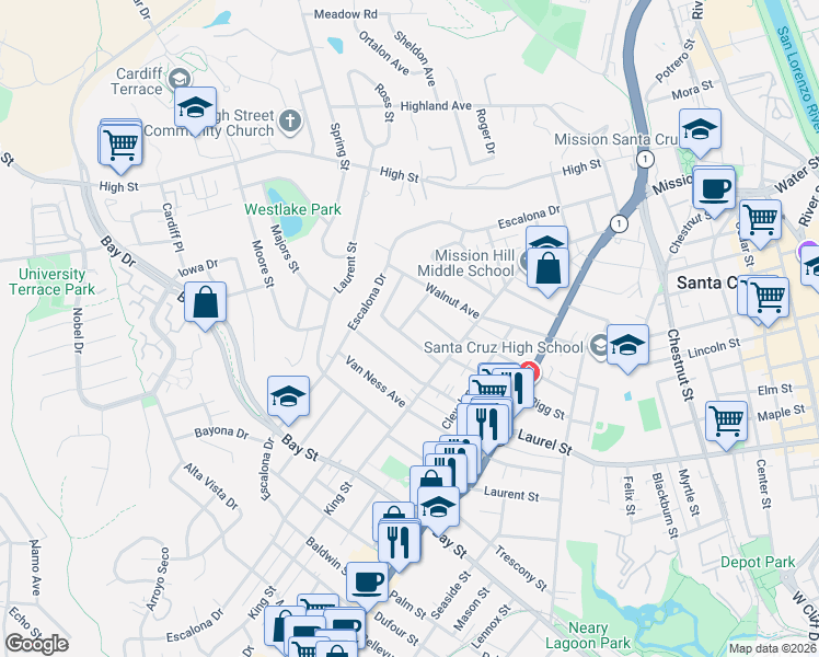 map of restaurants, bars, coffee shops, grocery stores, and more near 1436 Laurel Street in Santa Cruz