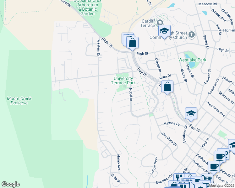 map of restaurants, bars, coffee shops, grocery stores, and more near 256 Segre Place in Santa Cruz