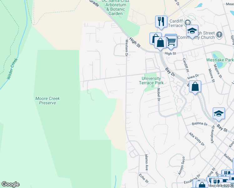 map of restaurants, bars, coffee shops, grocery stores, and more near 829 Western Drive in Santa Cruz