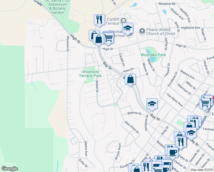map of restaurants, bars, coffee shops, grocery stores, and more near 108 Segre Place in Santa Cruz
