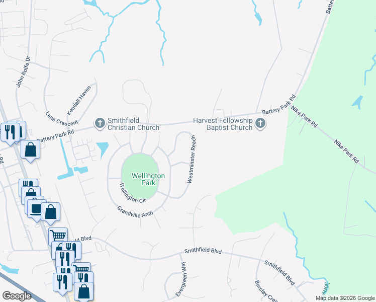 map of restaurants, bars, coffee shops, grocery stores, and more near 705 Bristol Street in Smithfield