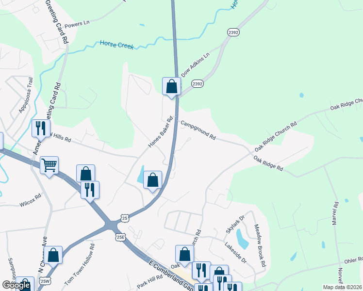 map of restaurants, bars, coffee shops, grocery stores, and more near 41 Hutton Lane in Corbin