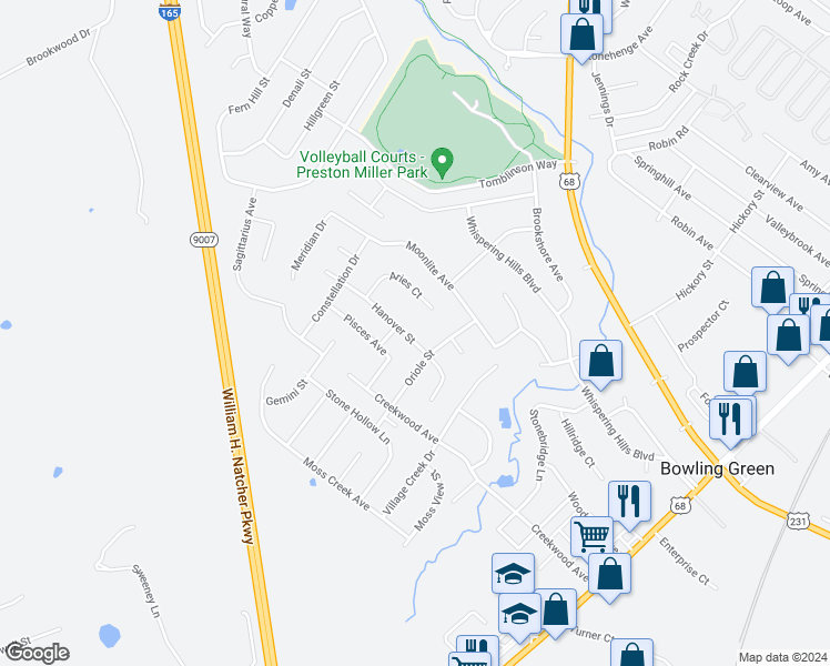 map of restaurants, bars, coffee shops, grocery stores, and more near 316 Hanover Street in Bowling Green