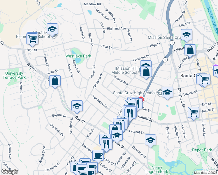 map of restaurants, bars, coffee shops, grocery stores, and more near 1436 Laurel Street in Santa Cruz