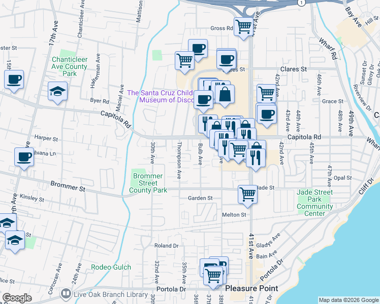 map of restaurants, bars, coffee shops, grocery stores, and more near 1505 Bulb Avenue in Santa Cruz