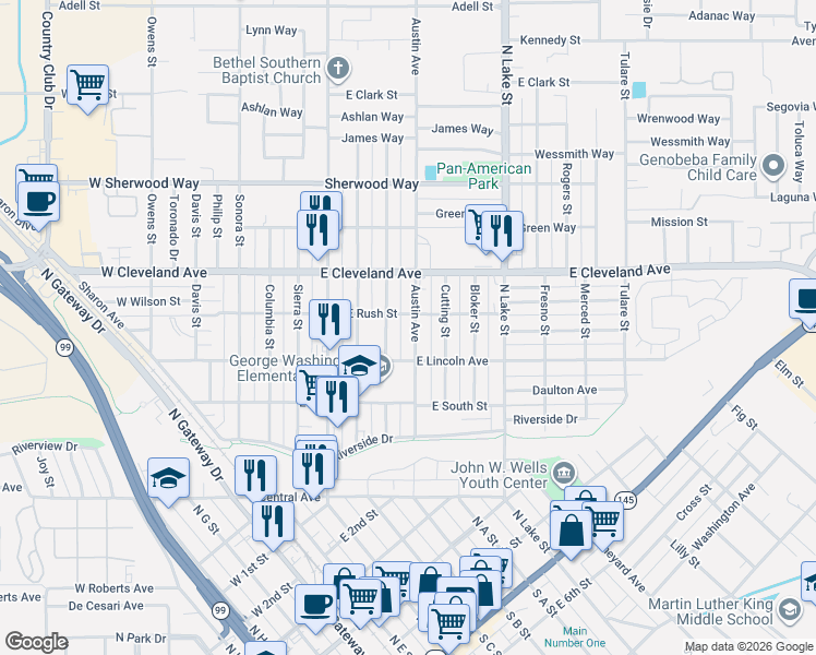 map of restaurants, bars, coffee shops, grocery stores, and more near 906 Austin Street in Madera