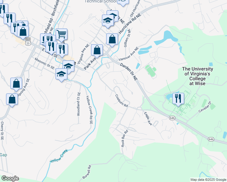 map of restaurants, bars, coffee shops, grocery stores, and more near State Route 1418 in Wise