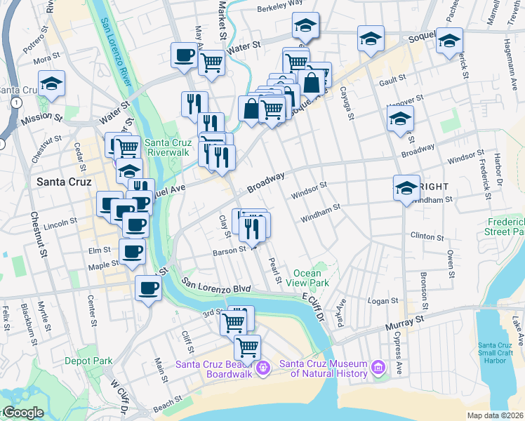 map of restaurants, bars, coffee shops, grocery stores, and more near 315 Ocean View Avenue in Santa Cruz